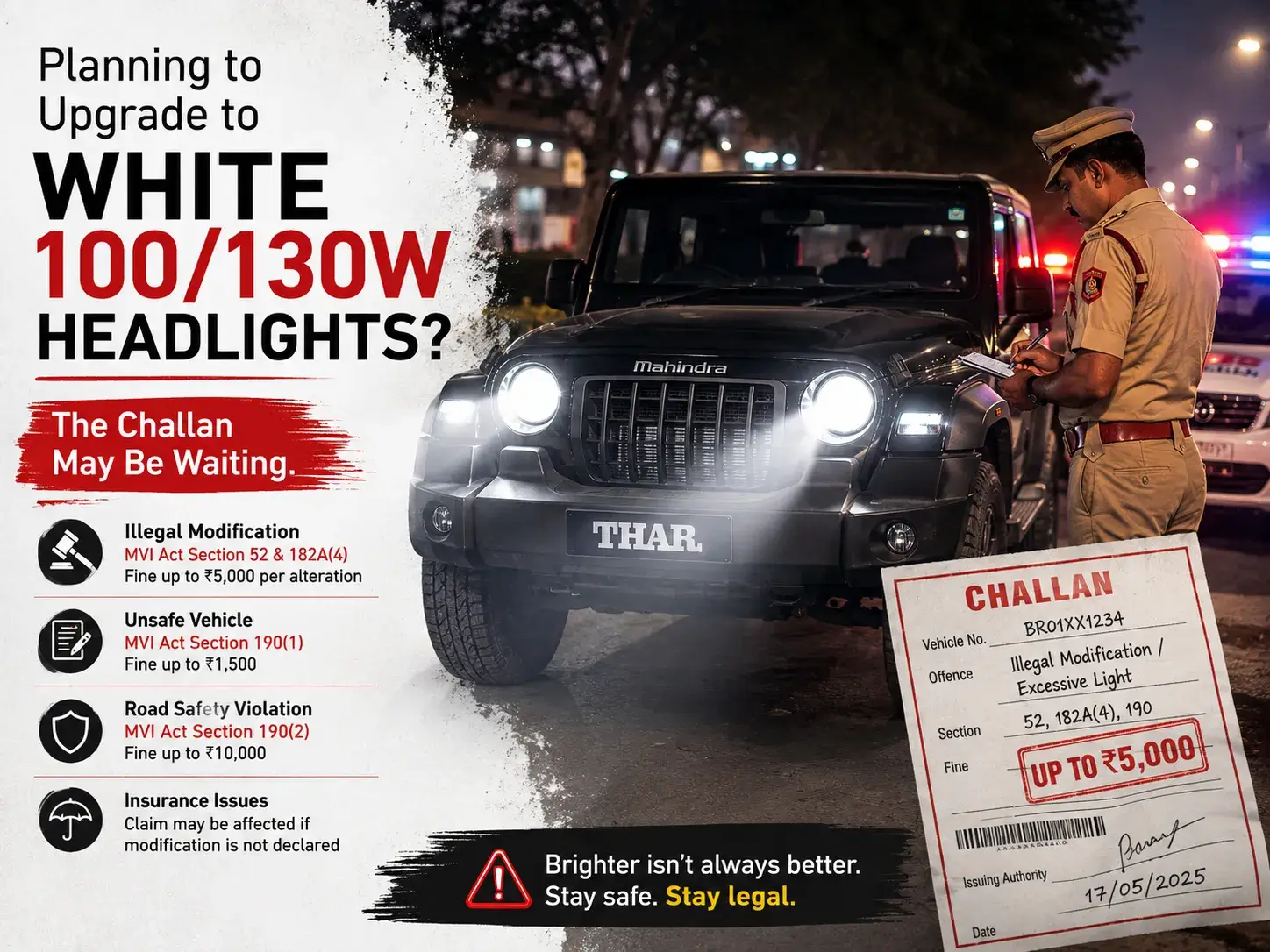 Planning to Upgrade to White 100/130W Headlights? The Challan May Be Waiting